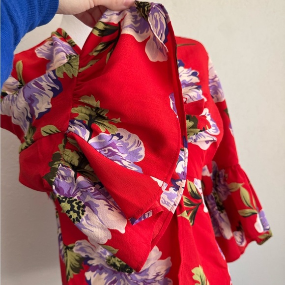 TopShop Cherry Red Floral Hawaiian Tied Wrap Cropped Blouse Womens 4 Beach - Picture 3 of 7